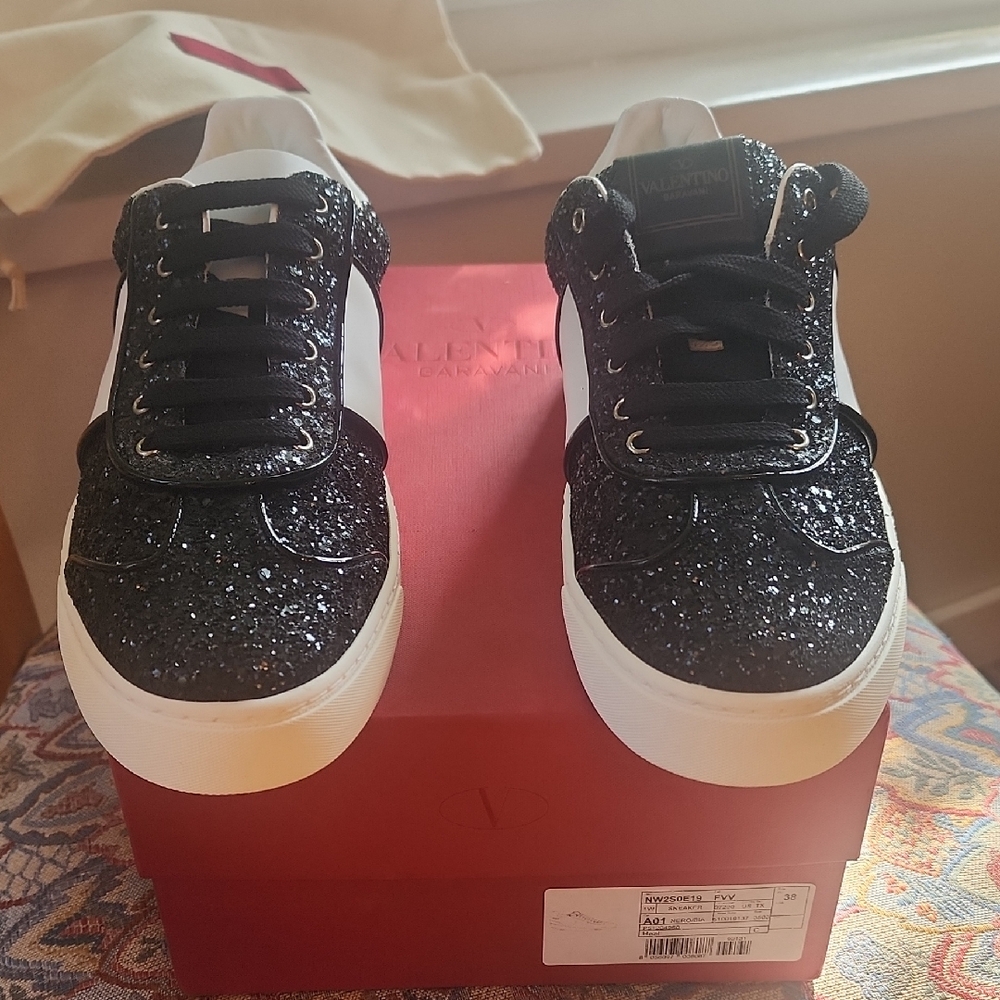 Valentino Garavani Black Sparkle Sneakers with White Trim And Spiked Studs